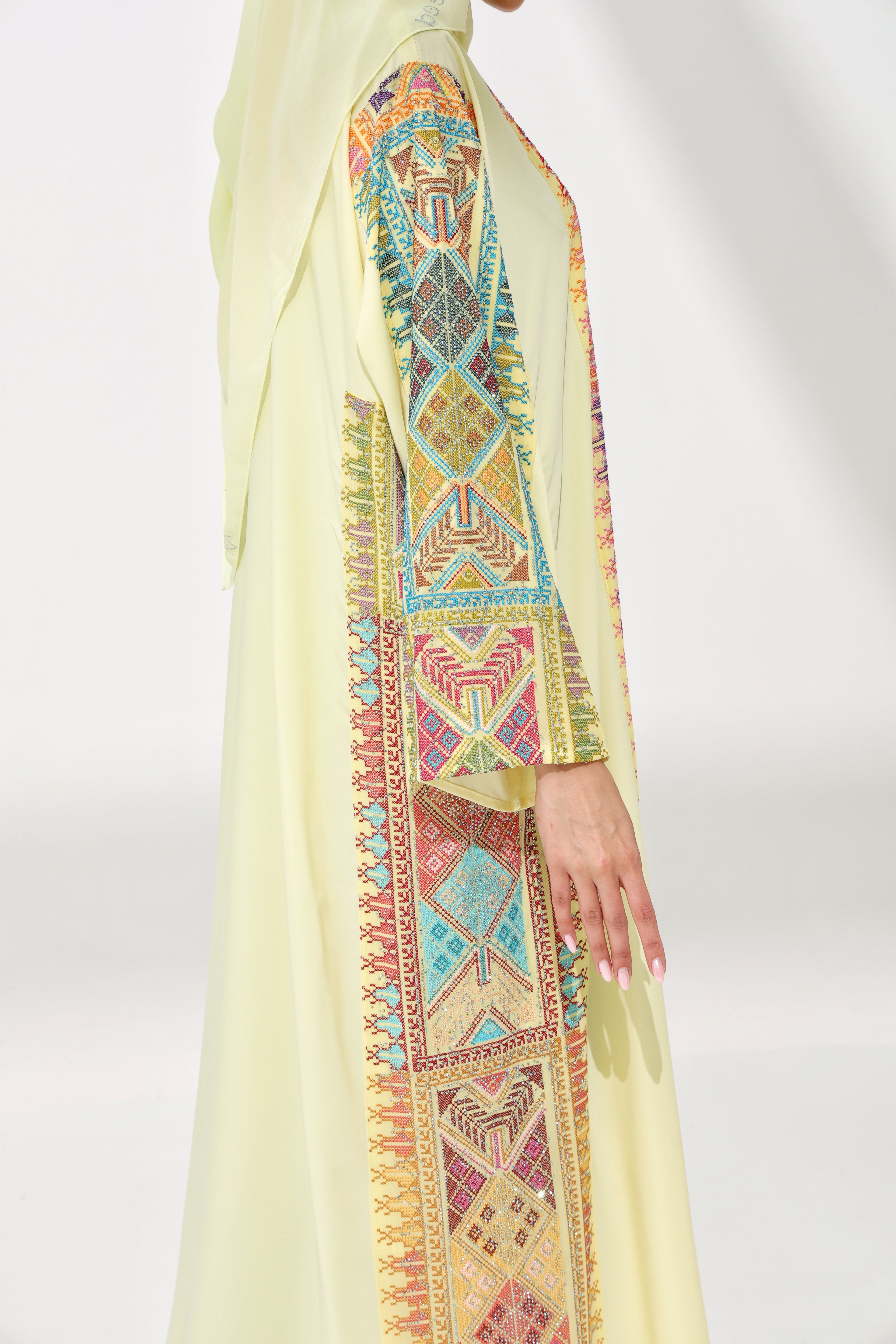 Fahmash Light Yellow Abaya ( with rhinestone)