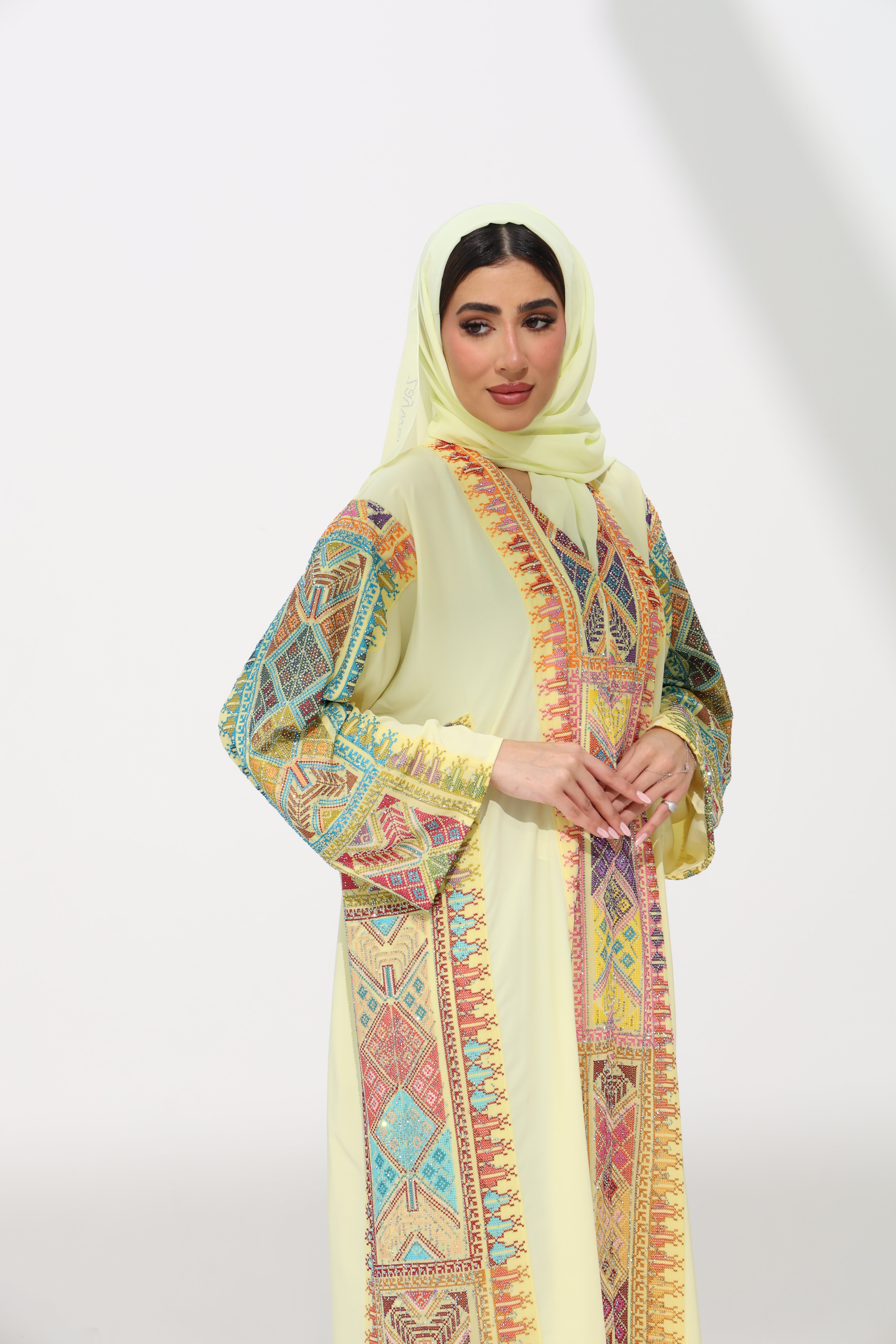 Fahmash Light Yellow Abaya ( with rhinestone)