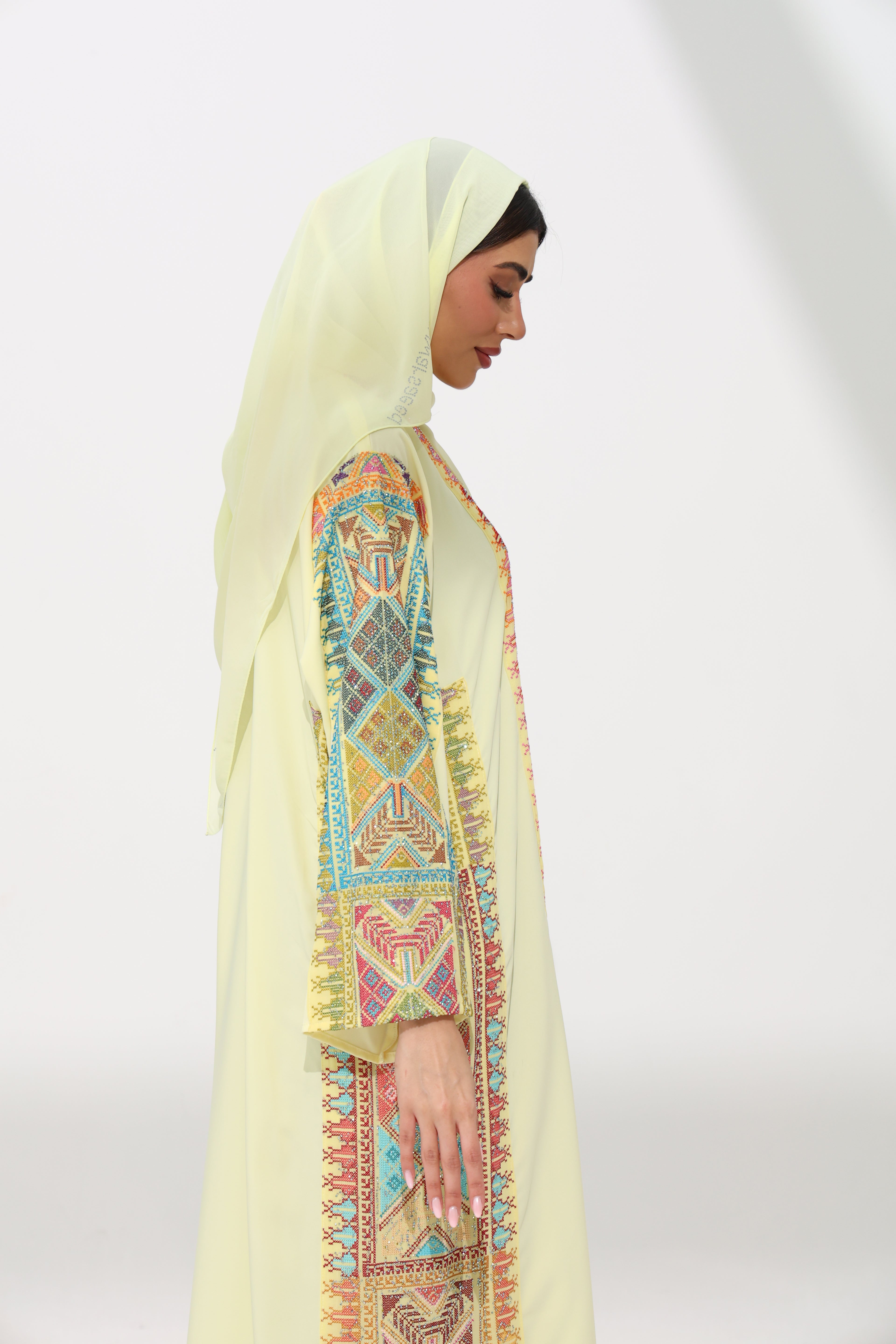 Fahmash Light Yellow Abaya ( with rhinestone)