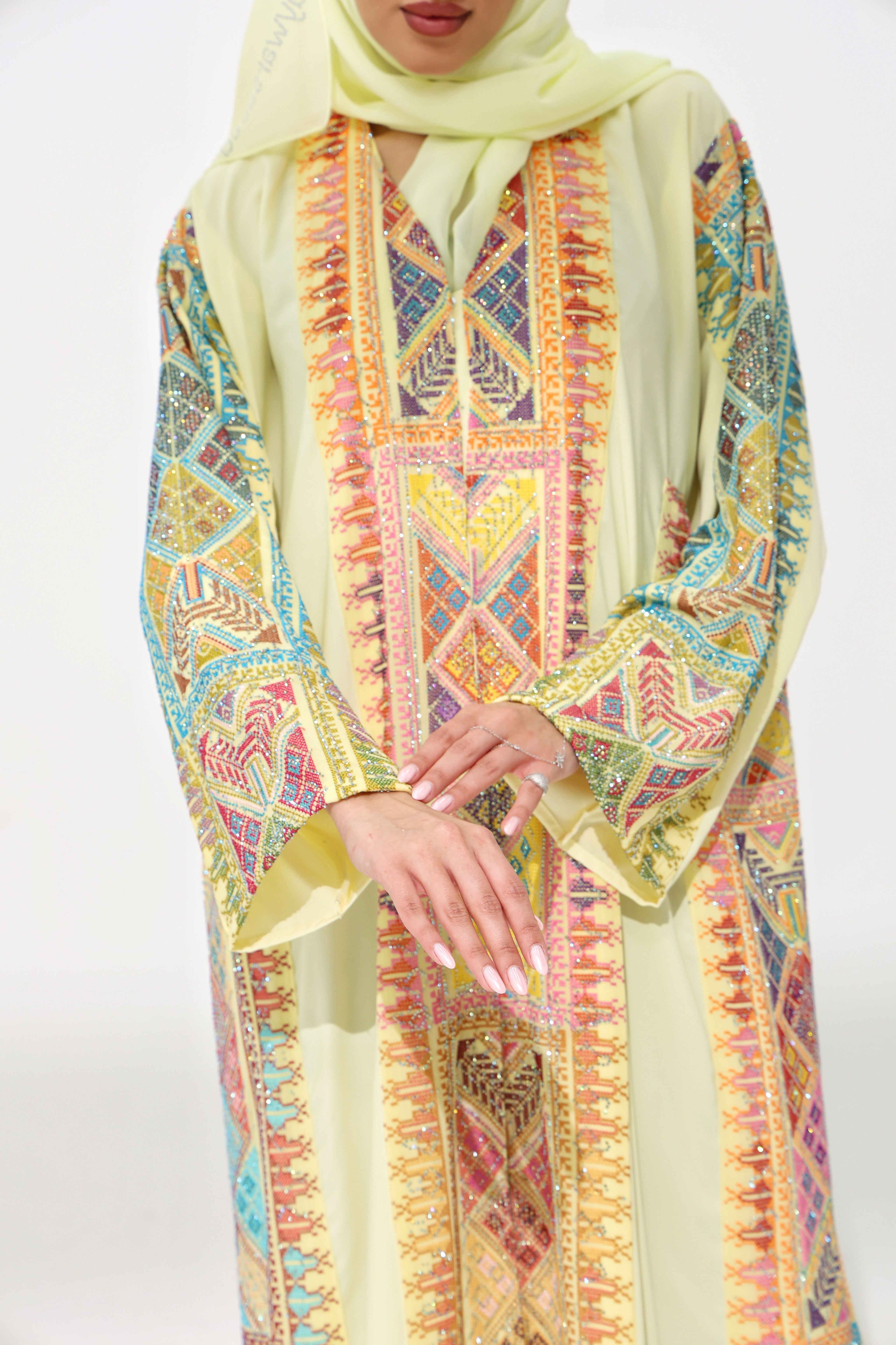 Fahmash Light Yellow Abaya ( with rhinestone)