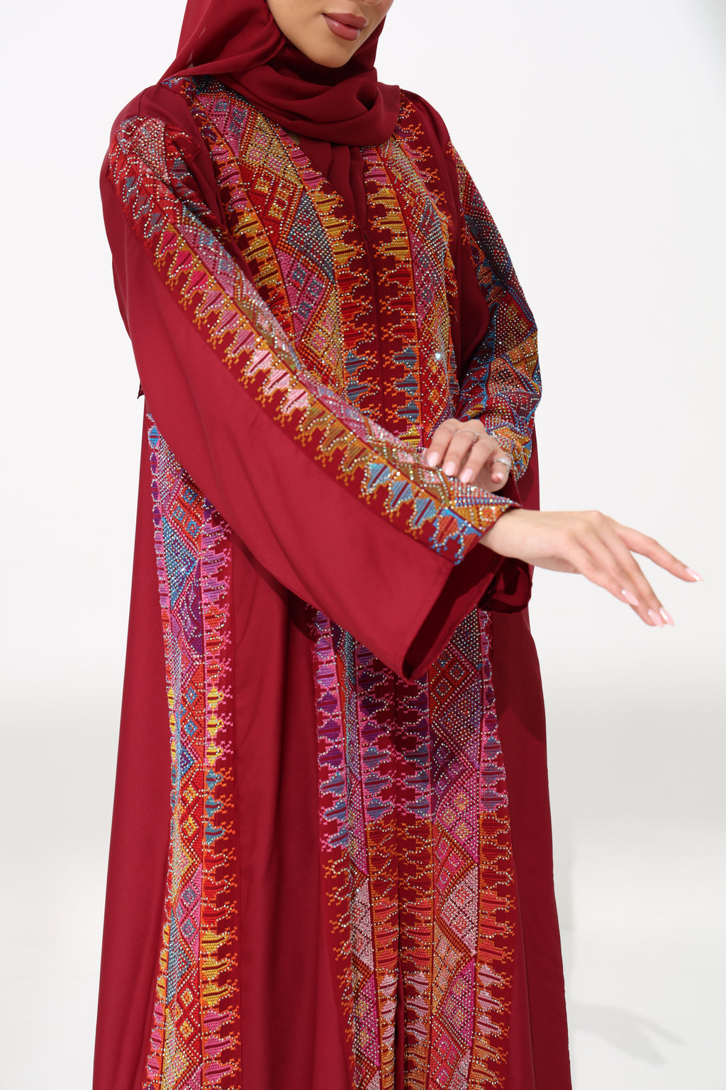 Fahmash Maroon Abaya with rhinestones