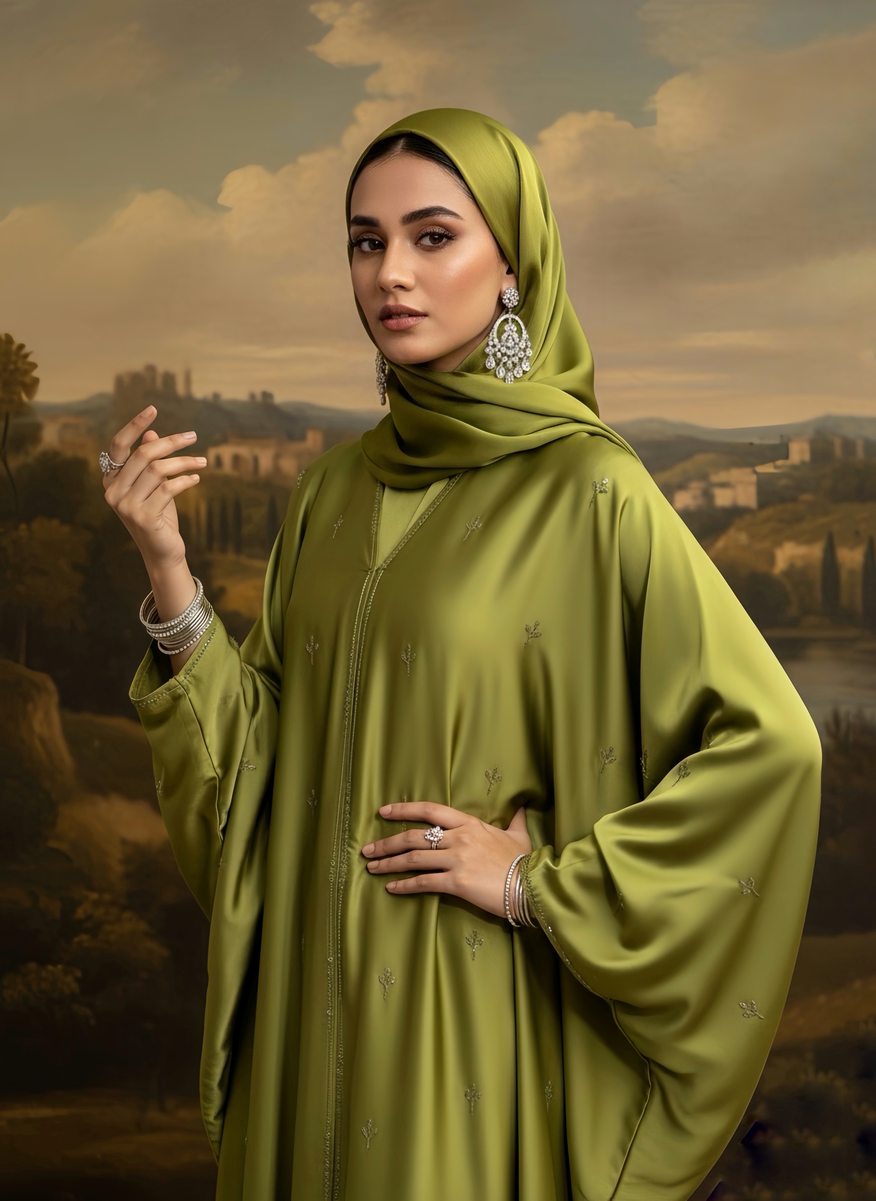 Luna Bright Olive Farasha Abaya