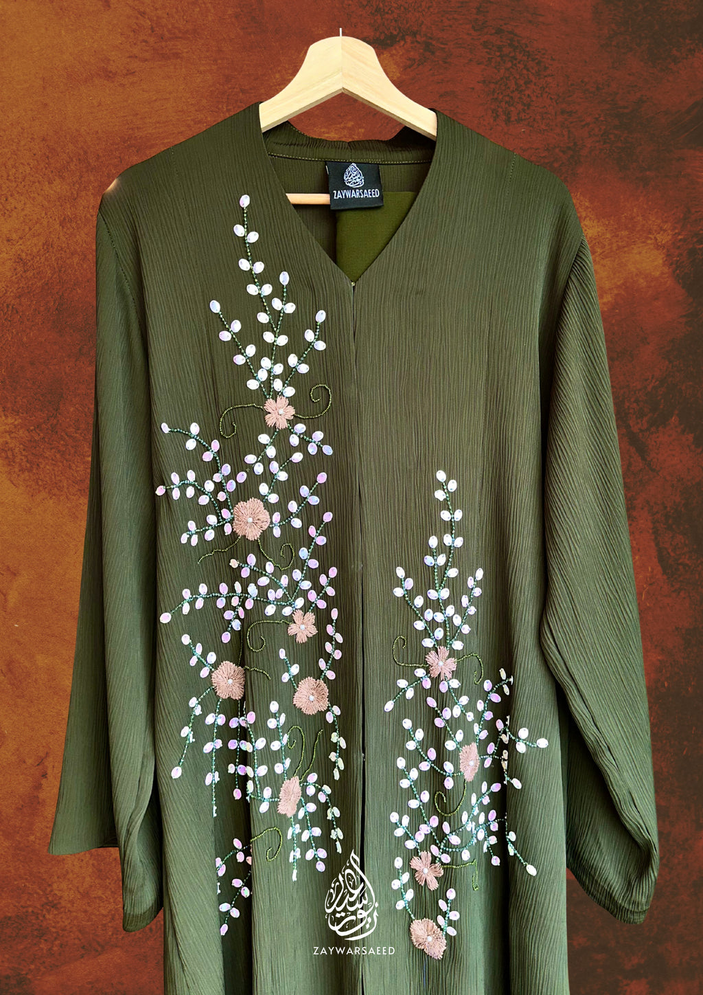 Azmeen Olive Sage Blossom Abaya