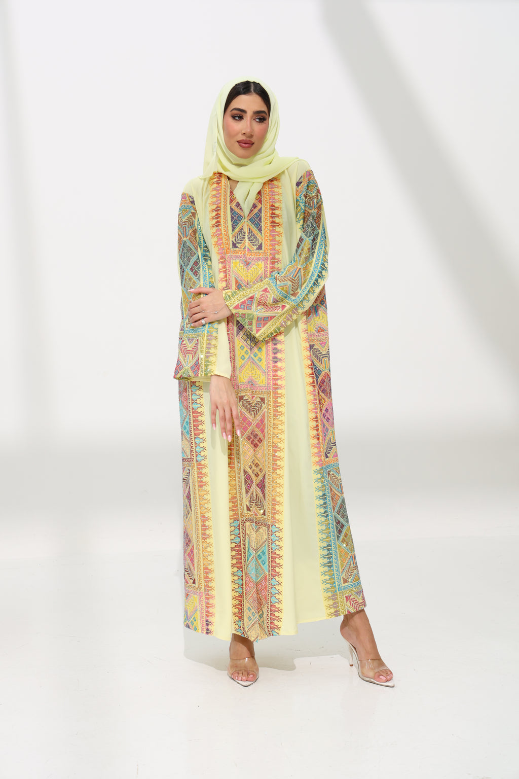 Fahmash Light Yellow Abaya ( with rhinestone)