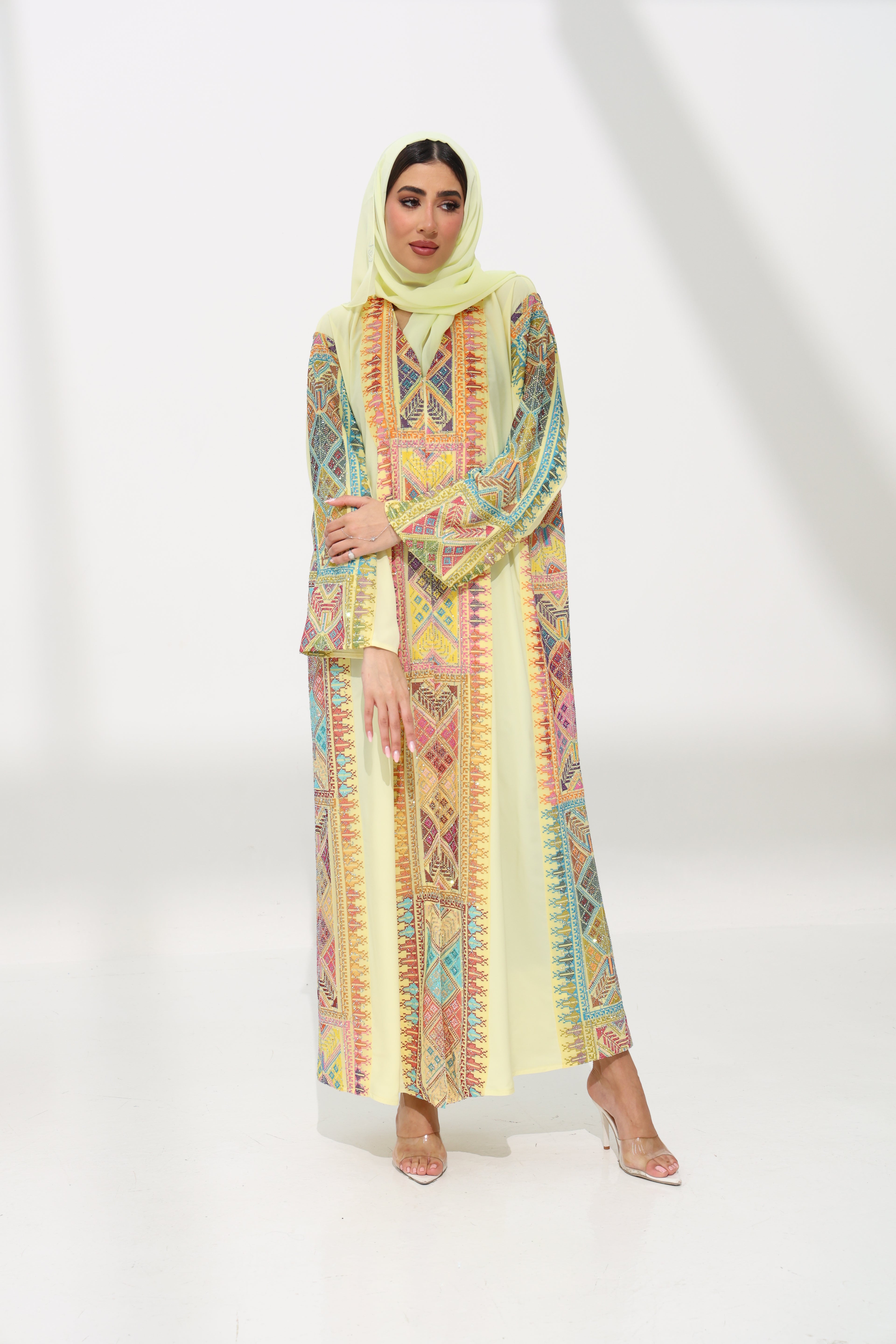 Fahmash Light Yellow Abaya ( with rhinestone)