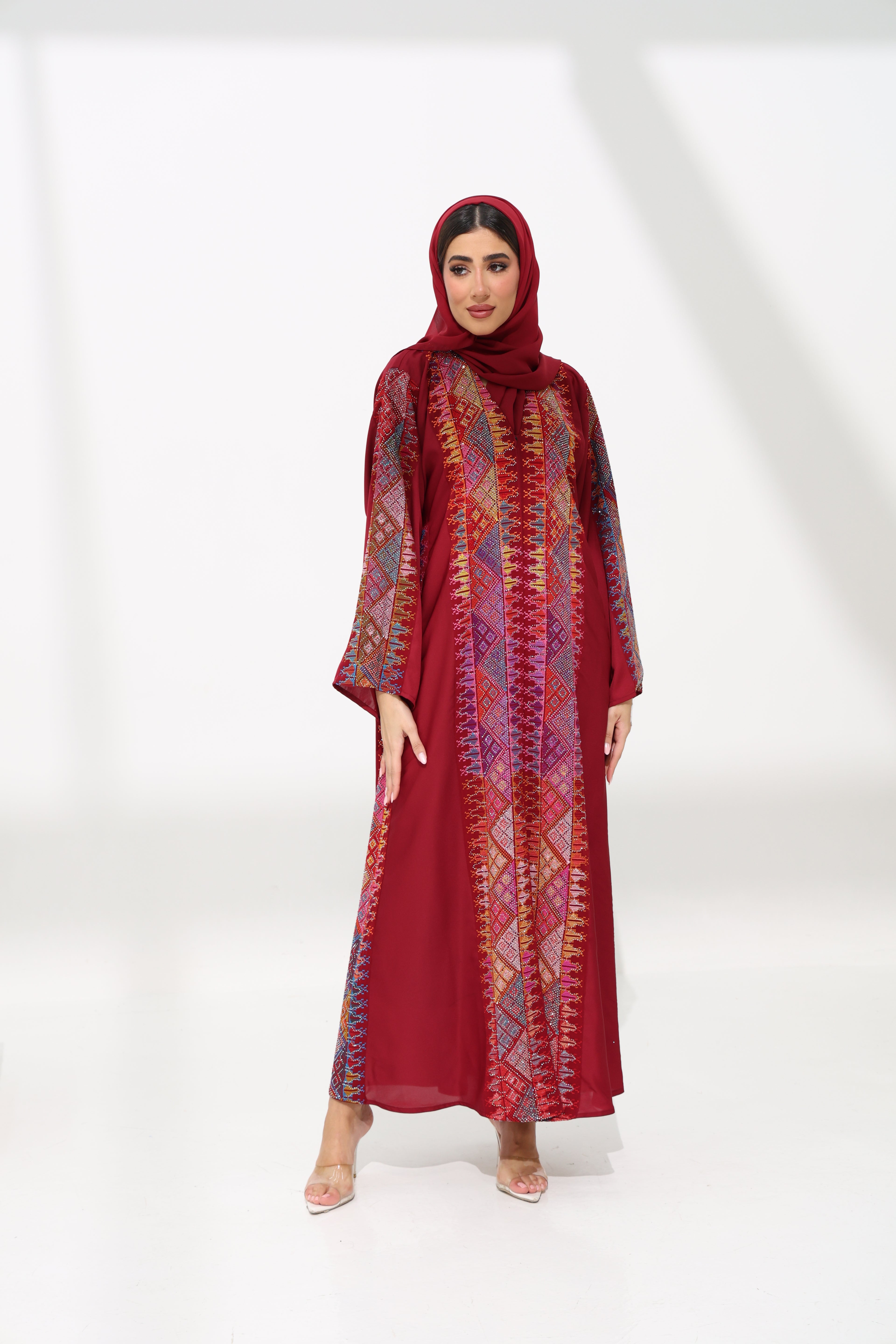 Fahmash Maroon Abaya with rhinestones