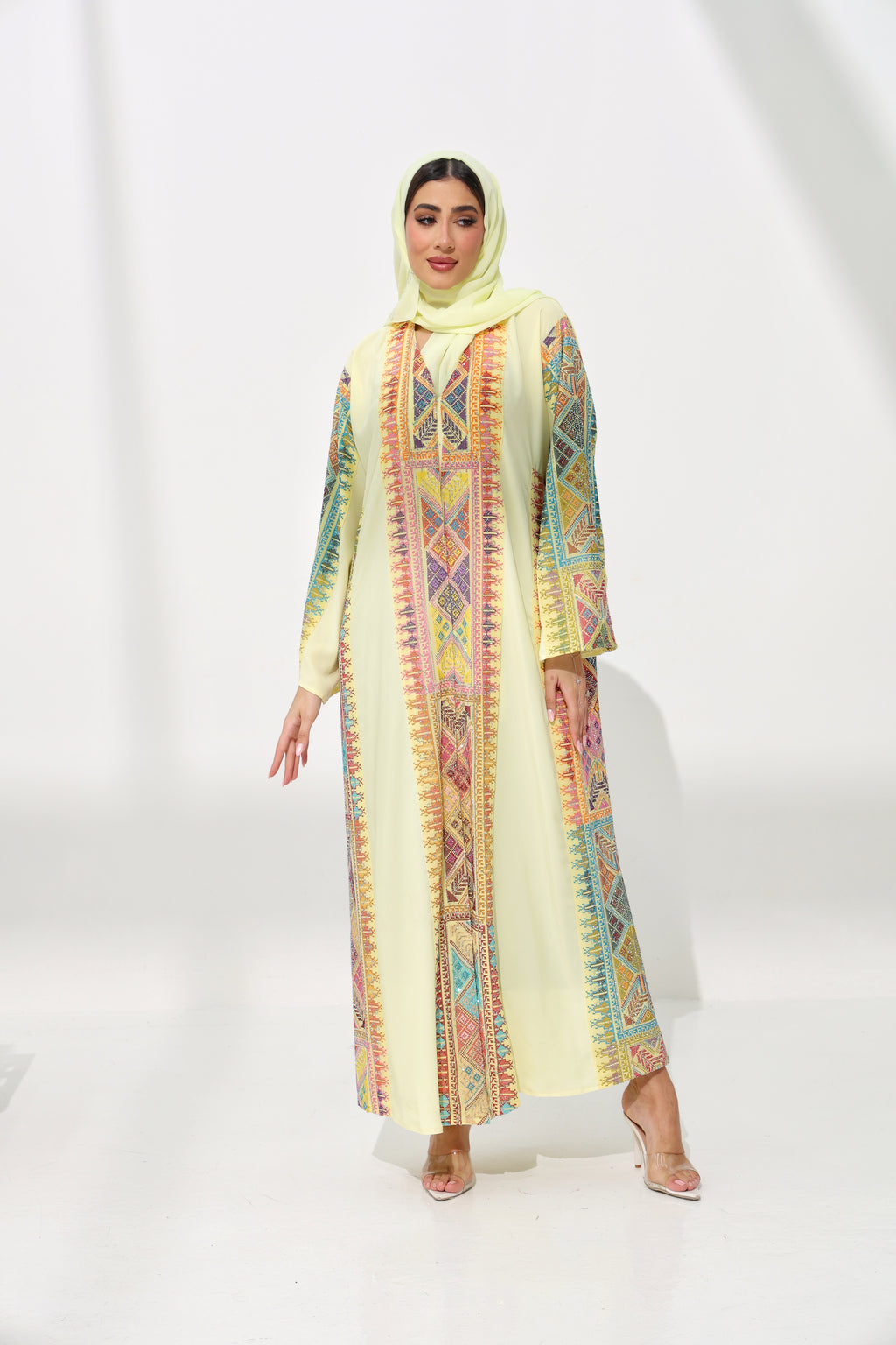 Fahmash Light Yellow Abaya ( with rhinestone)