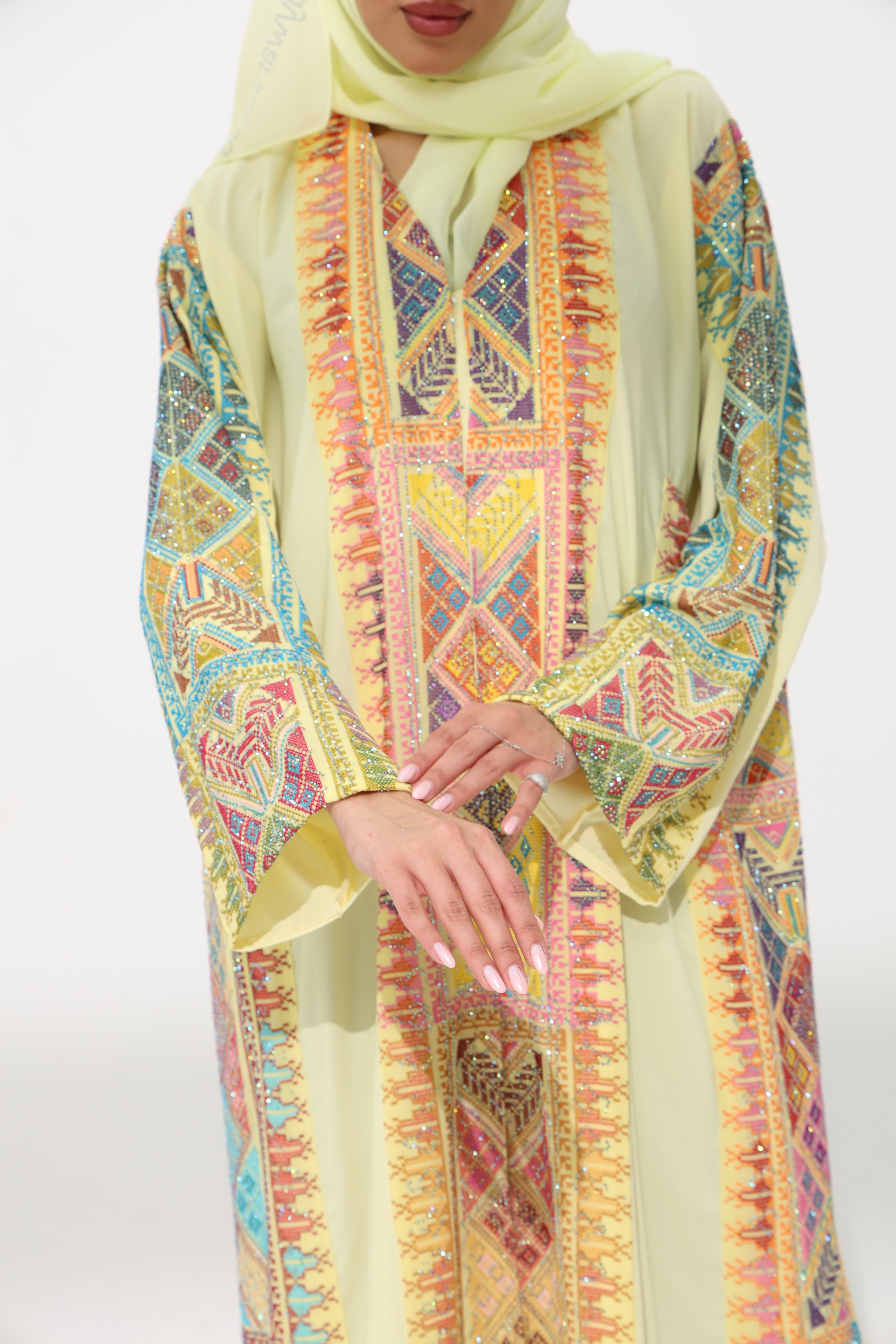 Fahmash Light Yellow Abaya ( with rhinestone)