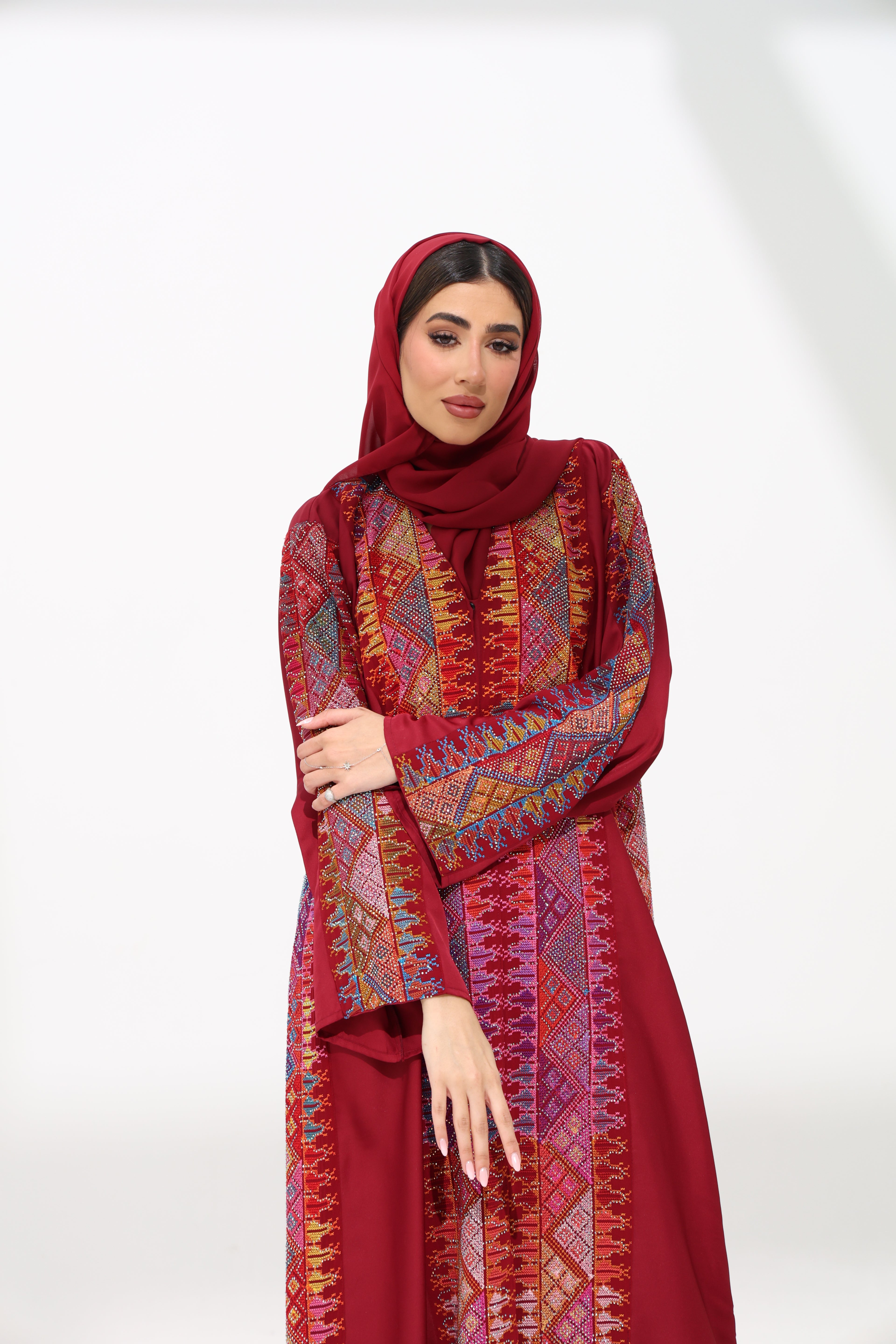 Fahmash Maroon Abaya with rhinestones