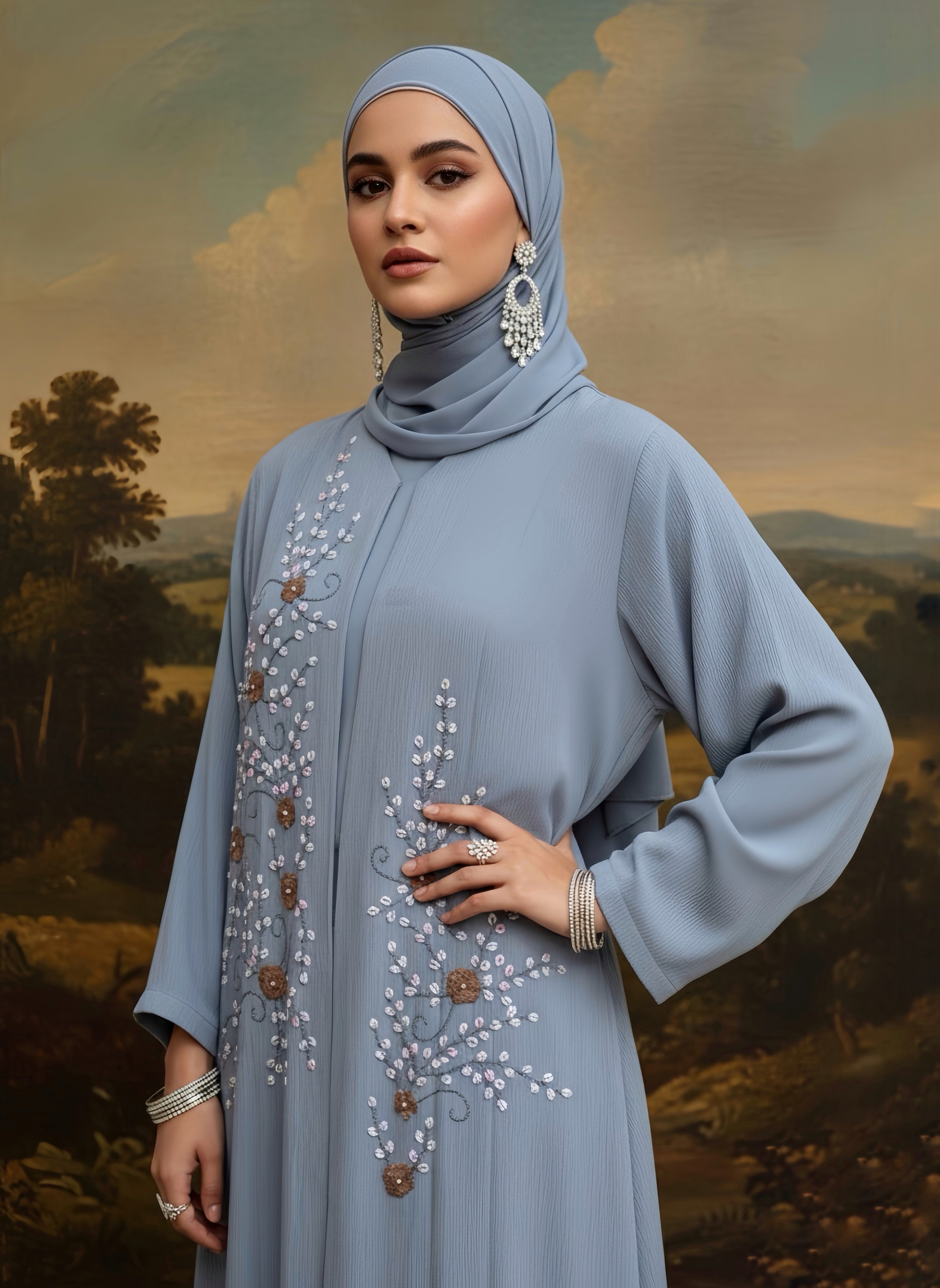 Azmeen Mist Blue Blossom Abaya