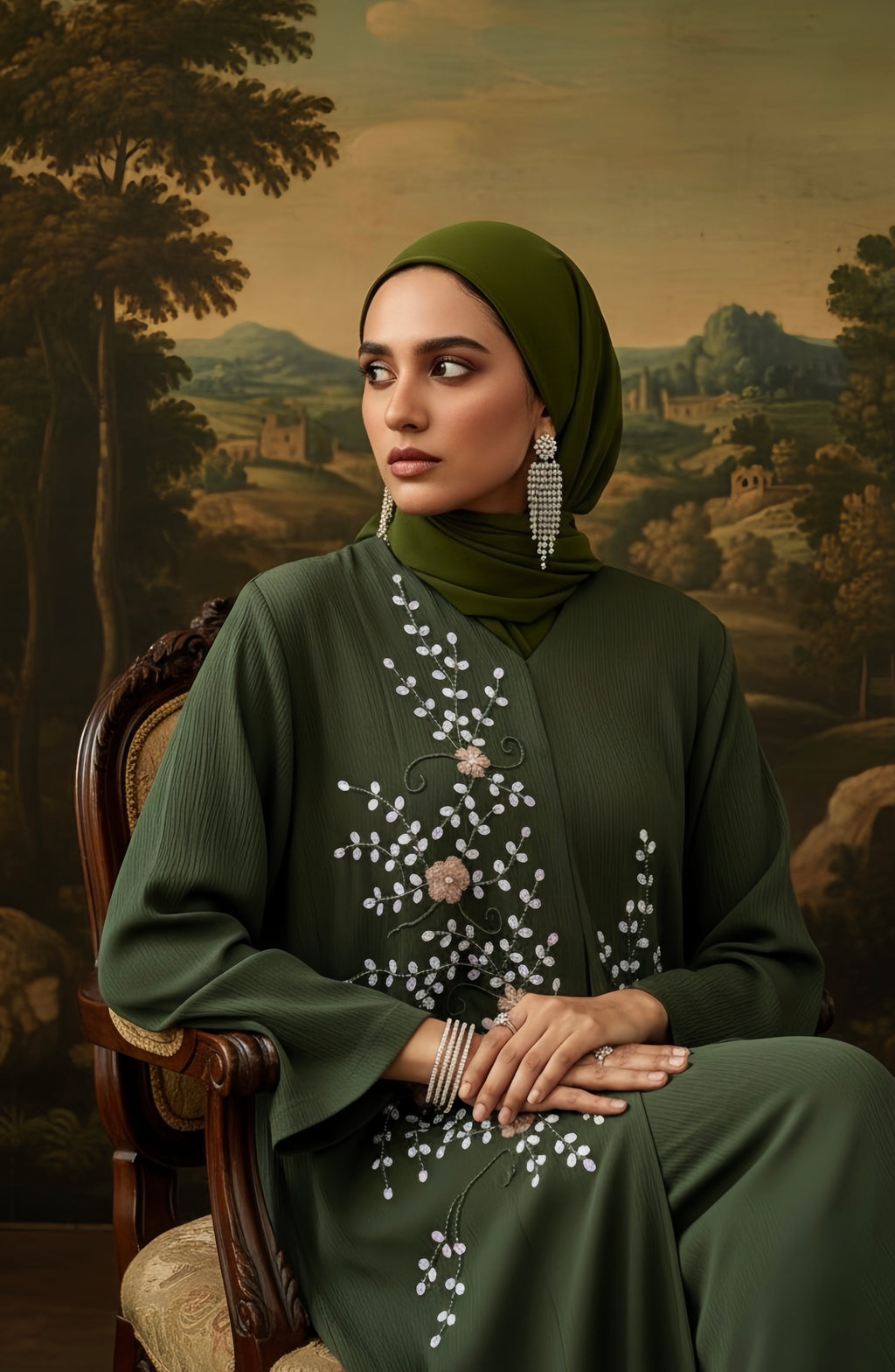 Azmeen Olive Sage Blossom Abaya