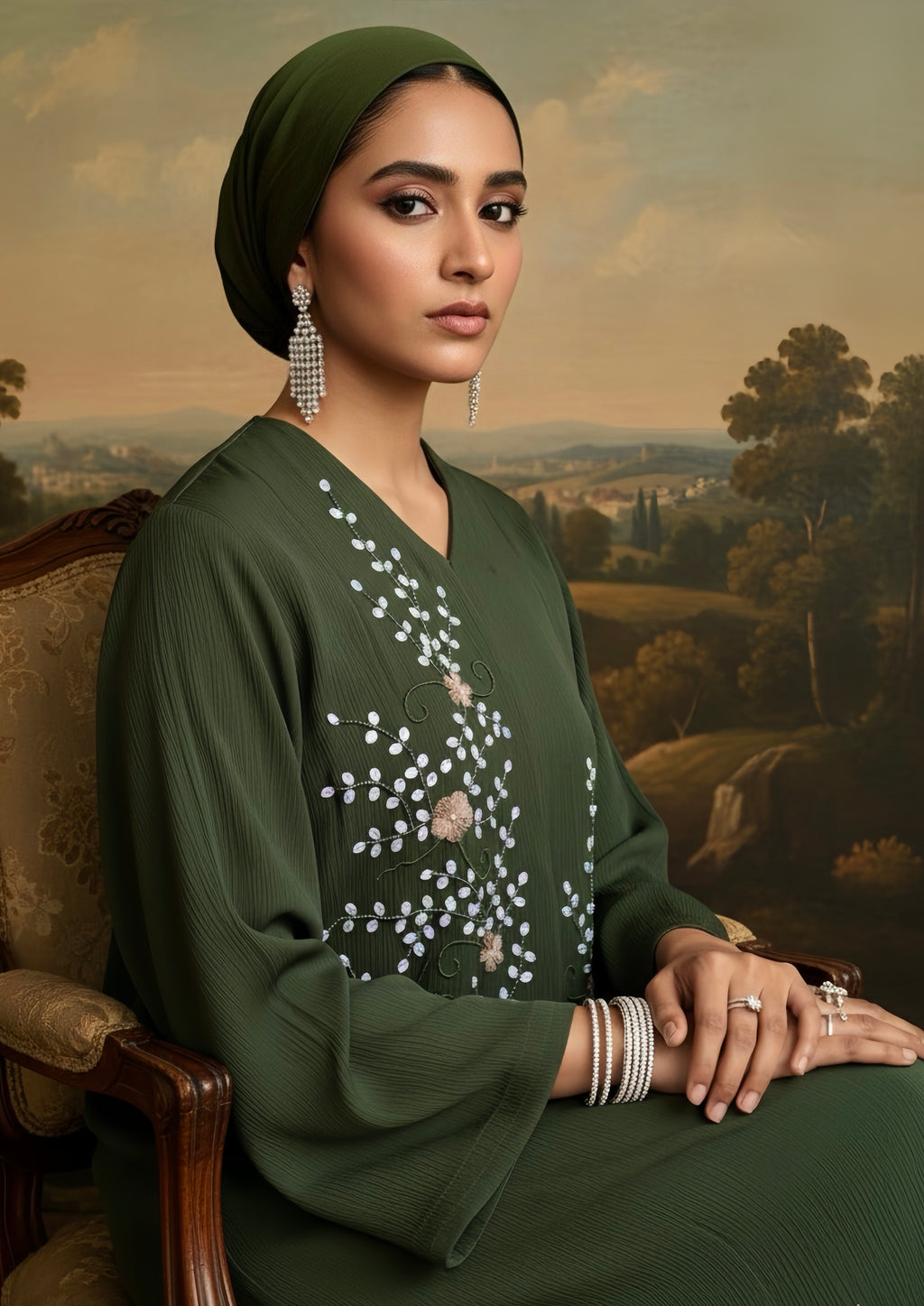 Azmeen Olive Sage Blossom Abaya