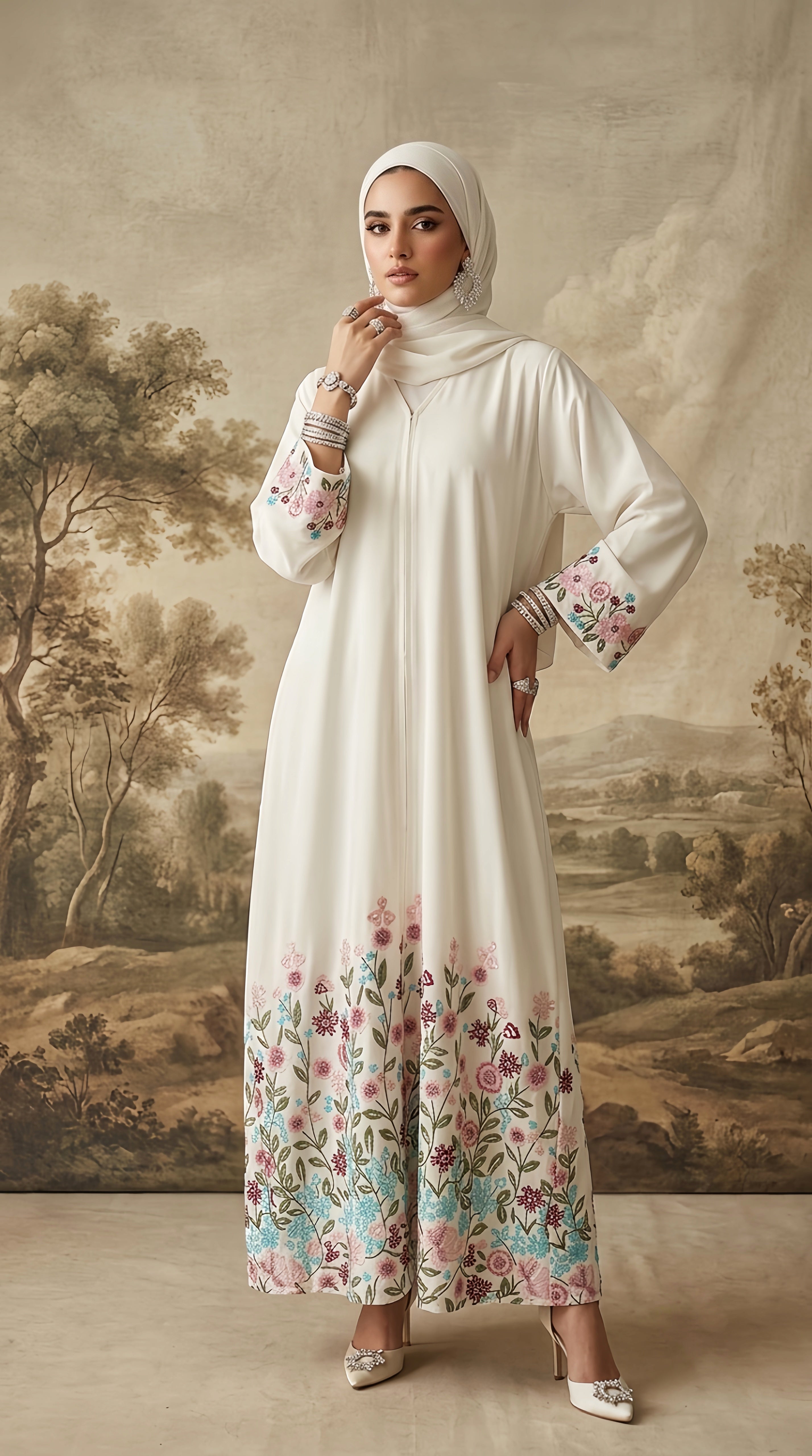 SELENA WHITE ABAYA ( with rhinestones)