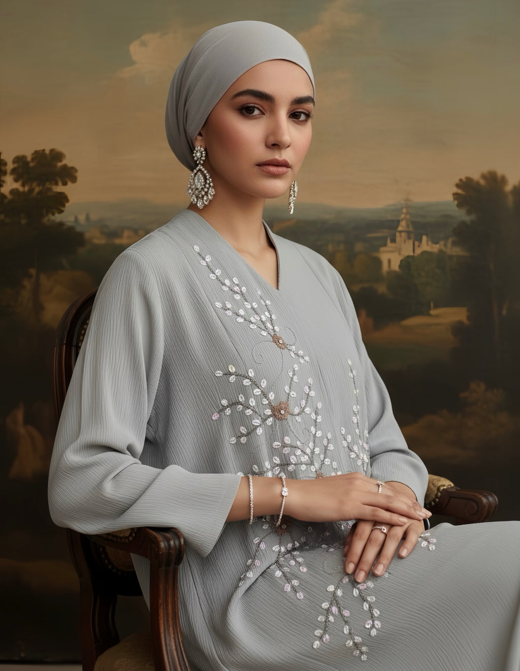 Azmeen Moonstone Grey Blossom Abaya